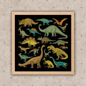 May include: A black and white cross-stitch pattern featuring a variety of dinosaurs, including a Tyrannosaurus Rex, Triceratops, Stegosaurus, and Brachiosaurus.