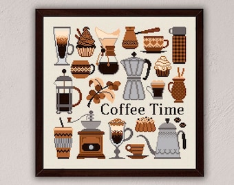 Coffee Time cross stitch pattern, Coffee lovers home decor, Kitchen cross stitch, Fall cross stitch, Coffee embroidery, Modern cross stitch