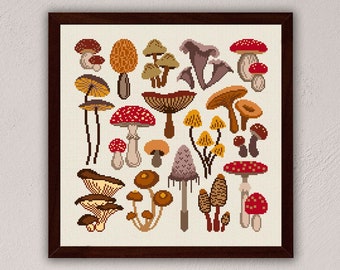 Mushrooms cross stitch pattern, Fungi cross stitch pdf, Woodland art, Fall cross stitch wall decor, Autumn embroidery, Modern cross stitch