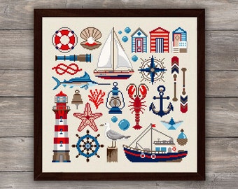 Nautical cross stitch pattern, Ocean cross stitch pdf download, Coastal cross stitch decor, Sea embroidery wall decor, Modern cross stitch