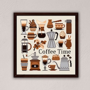 Koffie tijd kruissteek patroon, koffieliefhebbers home decor, keuken kruissteek, herfst kruissteek, koffie borduurwerk, moderne kruissteek