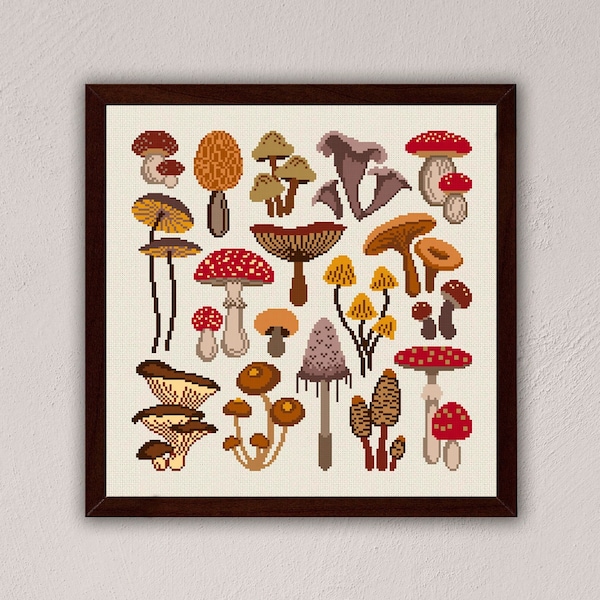 Mushrooms cross stitch pattern, Fungi cross stitch pdf, Woodland art, Fall cross stitch wall decor, Autumn embroidery, Modern cross stitch