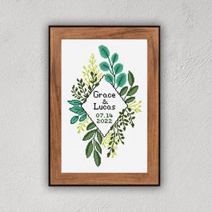 Botanical frame cross stitch pattern, Modern wedding cross stitch DIY, Nature embroidery pattern, Leaves cross stitch personalized gift