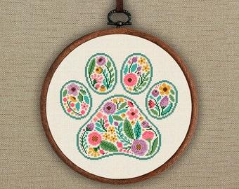 Floral paw print cross stitch pattern, Dog cross stitch, Cat cross stitch, Animal lover decor, Modern pet cross stitch, Flowers cross stitch