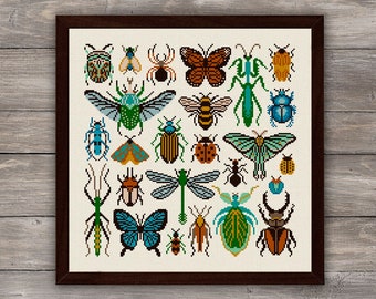 Insects cross stitch pattern, Bugs cross stitch pdf download, Entomology cross stitch, Insects embroidery wall decor, Modern cross stitch