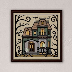 Haunted house cross stitch pattern, Gothic cross stitch pdf, Halloween cross stitch, Haunted mansion embroidery, Ghost cross stitch decor