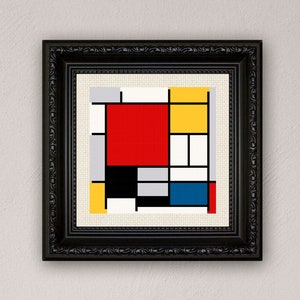 May include: A framed abstract painting with a black frame. The painting is made up of geometric shapes in red, yellow, blue, black, white, and gray.