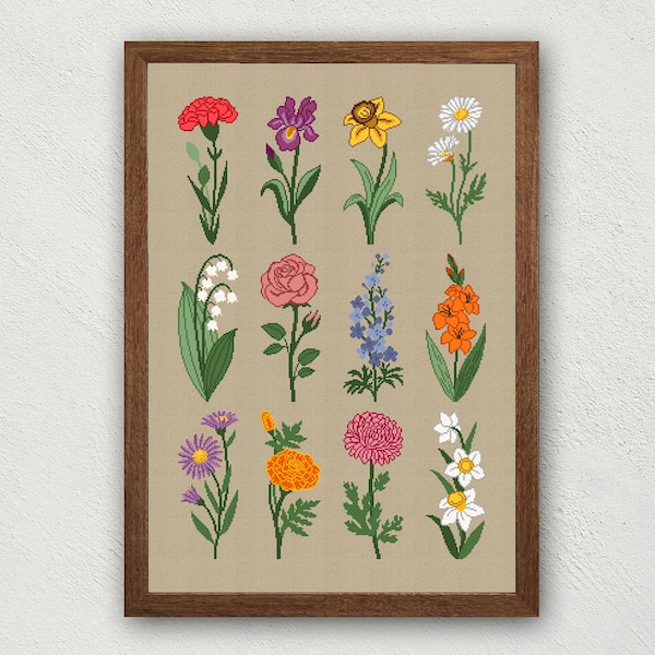 Birth month flowers cross stitch pattern, Wild flowers embroidery pdf instant download, Floral cross stitch home decor, Botanical xstitch