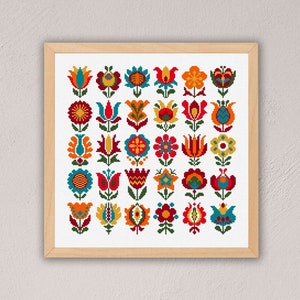 Volksbloemen kruissteekpatroon, Hongaars kruissteekdiagram, Bloementelsteek, Moderne kruissteek, Scandinavisch interieur