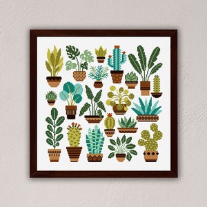 Home plants cross stitch pattern, Botanical cross stitch pdf digital download, Potted plants embroidery wall decor, Modern cross stitch gift