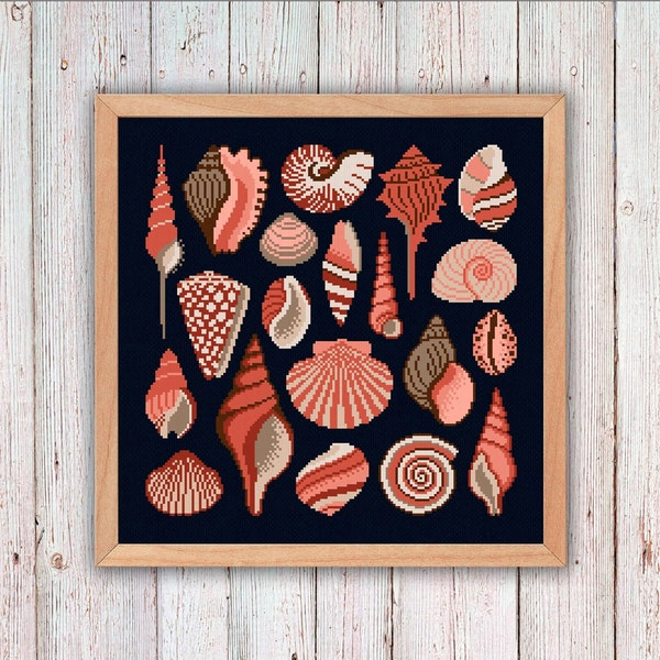 Sea shells cross stitch pattern, Seashells cross stitch pdf, Ocean cross stitch wall decor, Sea life embroidery, Coastal decor, Nautical art