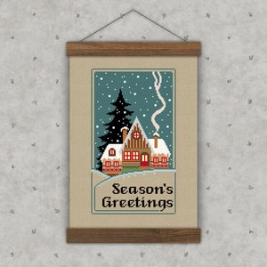 Seizoensgroeten kruissteekpatroon, kerstkruissteek, kerstwanddecor, cottage kerst pdf-patroon, borduurdecorgrafiek