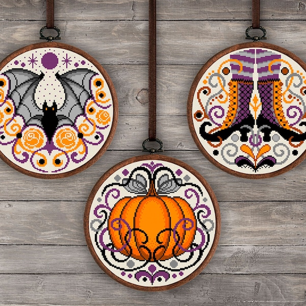 Set of Halloween cross stitch patterns, Bat cross stitch, Pumpkin cross stitch, Witch cross stitch, Halloween wall decor Victorian halloween