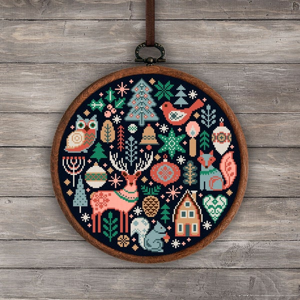 Christmas cross stitch pattern, Scandinavian xstitch pattern, Nordic cross stitch, Nordic christmas embroidery, Holiday forest cross stitch