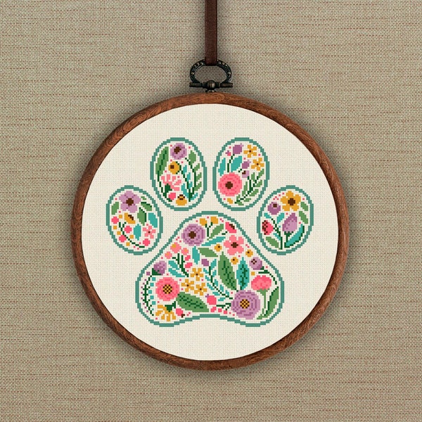 Floral paw print cross stitch pattern, Dog cross stitch, Cat cross stitch, Animal lover decor, Modern pet cross stitch, Flowers cross stitch