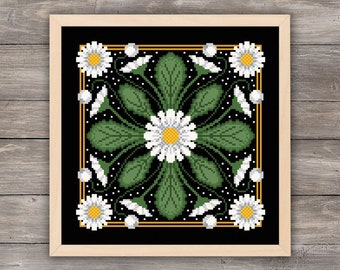 Daisies square cross stitch pattern, Daisy flowers cross stitch pdf download, Botanical cross stitch, Floral cross stitch digital download