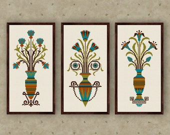 Neo Greek Vases Cross Stitch Pattern: Botanical Decor (Digital Download)