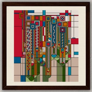 May include: A framed geometric art print featuring a complex arrangement of vertical lines, squares, and rectangles in a palette of red, blue, green, orange, and beige. The composition includes repeating patterns and grid-like structures.