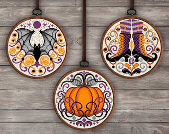Set of Halloween cross stitch patterns, Bat cross stitch, Pumpkin cross stitch, Witch cross stitch, Halloween wall decor Victorian halloween