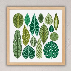 Padrão de ponto cruz de folhas tropicais, PDF em ponto cruz de plantas verdes, Ponto cruz moderno, Arte em ponto cruz de folhas, Ponto cruz botânico