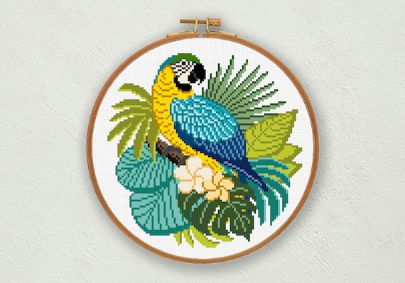 Macaw Cross Stitch Pattern: Tropical Parrot Embroidery (PDF