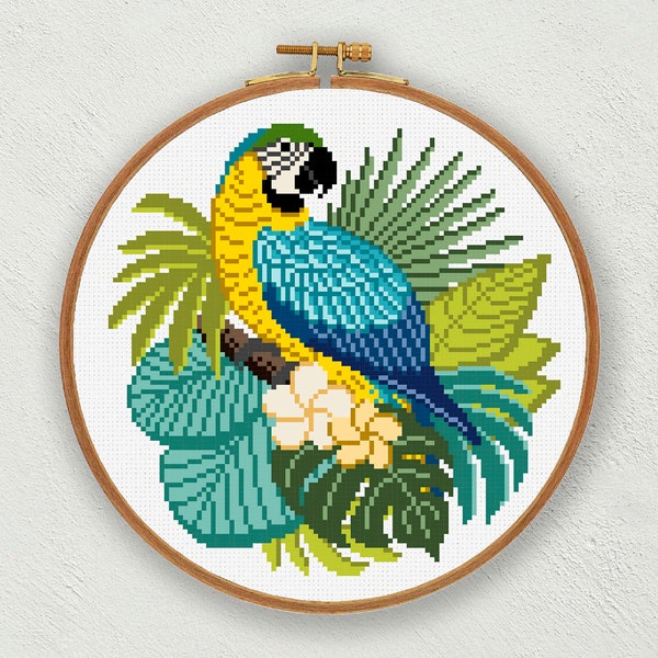 Blue and yellow macaw cross stitch pattern, Parrot cross stitch, Exotic bird cross stitch pdf pattern, Tropical embroidery instant download