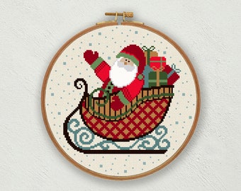 Santa's Sleigh cross stitch pattern, Santa cross stitch decor, Christmas cross stitch, Santa Claus cross stitch Sled, Christmas embroidery