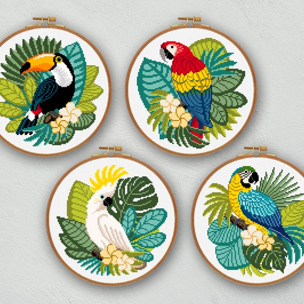 Set of tropical birds cross stitch pattern, Exotic bird cross stitch, Toucan, Macaw, Parrot, Cockatoo, Instant download pdf embroidery chart