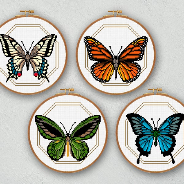 Set of butterflies cross stitch pattern, Insect cross stitch, Papilio machaon, Monarch, Birdwing, Ulysses, Nature cross stitch butterfly art