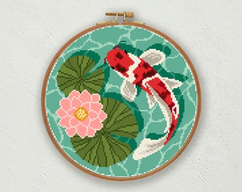 Koi Pond Cross Stitch Pattern: Lotus Flower, Oriental Fish (PDF Pattern)