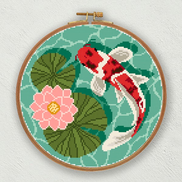 Koi pond cross stitch pattern, Koi fish cross stitch pdf, Water lily cross stitch, Lotus cross stitch, Oriental cross stitch, Koi embroidery