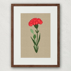 Carnation cross stitch pattern, Birth month flower, January cross stitch pdf instant download, Modern floral cross stitch, Red flower decor