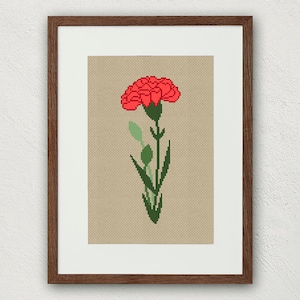 May include: A framed cross-stitch embroidery of a single red carnation with green leaves and stems on a beige background.