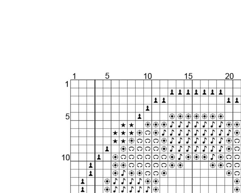 K&ouml;nnte beinhalten: Schwarzwei&szlig;es Kreuzstichmuster mit Noten, Sternen und Kreisen. Das Muster befindet sich auf einem Raster mit Zahlen oben und an der Seite.