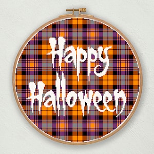 Happy Halloween cross stitch pattern, Halloween plaid cross stitch pdf chart, Halloween tartan embroidery decor, Modern Halloween wall decor