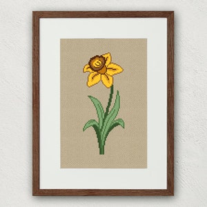 Narcis kruissteek patroon, maart geboorte bloem kruissteek pdf, bloemen kruissteekdiagram, geboortemaand bloemborduurwerk, lentebloemen