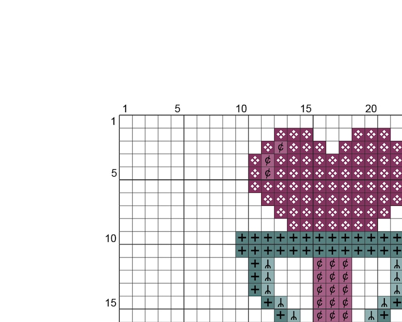 May include: Cross stitch pattern featuring a heart with a floral design in shades of pink and purple, and a vase with a floral design in shades of teal and green.
