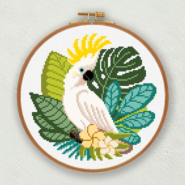 Cockatoo cross stitch pattern, Exotic bird cross stitch, Cockatoo embroidery pattern, Tropical decor, Instant download pdf pattern