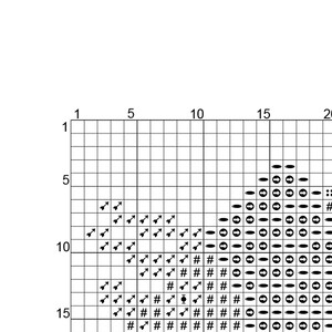 May include: Black and white cross stitch pattern with arrows, circles, and hash marks. The pattern is in the shape of a triangle.