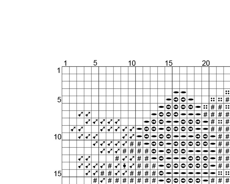 May include: Black and white cross stitch pattern with arrows, circles, and hash marks. The pattern is in the shape of a triangle.