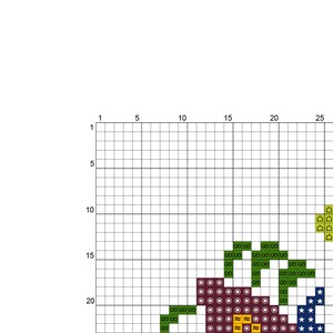 Puede incluir: Patr&oacute;n de punto de cruz con una flor con detalles en verde, amarillo, rojo y azul. La flor est&aacute; rodeada de estrellas y un dise&ntilde;o de espiral.