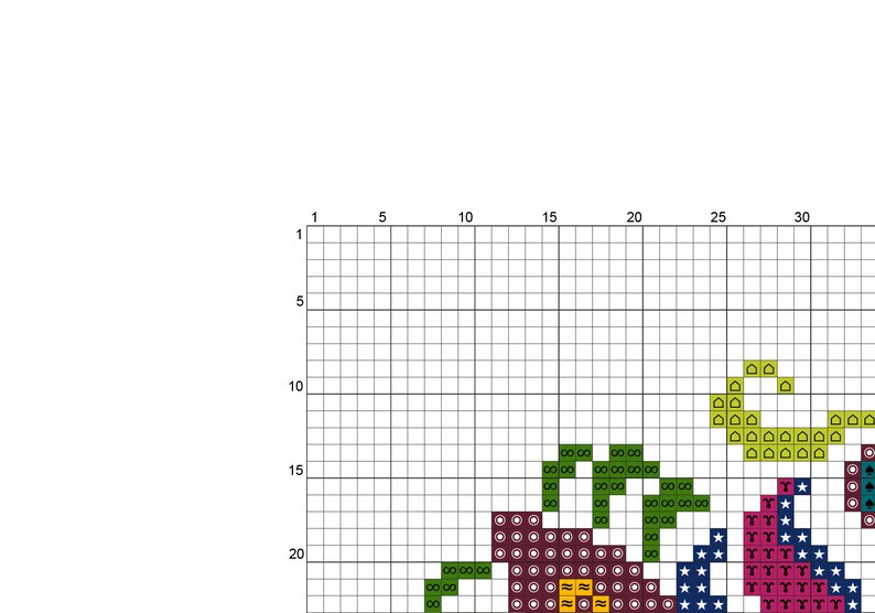 Puede incluir: Patr&oacute;n de punto de cruz con una flor con detalles en verde, amarillo, rojo y azul. La flor est&aacute; rodeada de estrellas y un dise&ntilde;o de espiral.