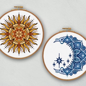 Set of Moon and Sun cross stitch pattern, Sun and Moon cross stitch, Mystical cross stitch chart, Celestial embroidery, Boho cross stitch