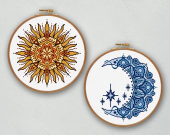 Set of Moon and Sun cross stitch pattern, Sun and Moon cross stitch, Mystical cross stitch chart, Celestial embroidery, Boho cross stitch