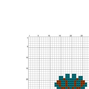 May include: A cross-stitch pattern with a heart shape made of teal and orange squares. The heart is surrounded by a grid of white squares.