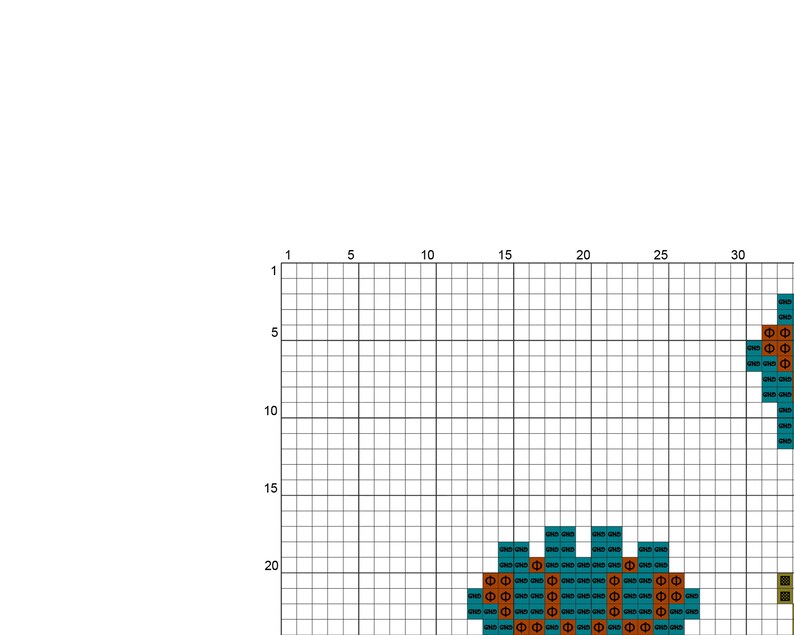 May include: A cross-stitch pattern with a heart shape made of teal and orange squares. The heart is surrounded by a grid of white squares.