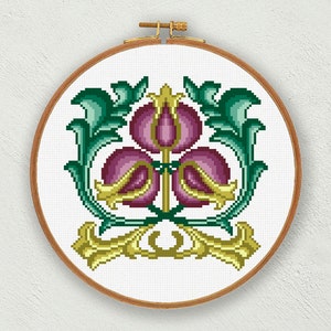 Art Nouveau cross stitch pattern Hoop art, Floral cross stitch pdf chart, Mauve flowers Art Nouveau tile Embroidery instant download pattern