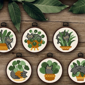 Funny Cats Cross Stitch Pattern: Cats and Plants, Set of 6 PDF Patterns