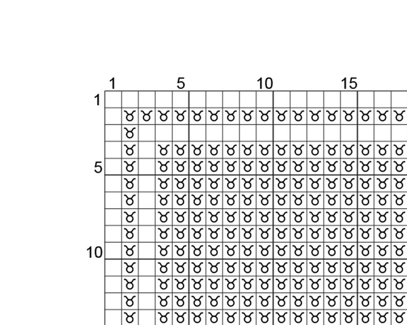 Pu&ograve; includere: Una porzione di una griglia per punto croce, con righe e colonne numerate. La griglia &egrave; riempita con un simbolo ripetuto che assomiglia a una 'Y' stilizzata o a una freccia a doppia punta, in colore scuro su sfondo bianco.