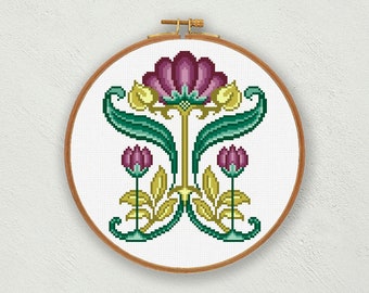 Kreuzstich-Muster Jugendstil Blumen: Vintage Stickerei (PDF-Muster)